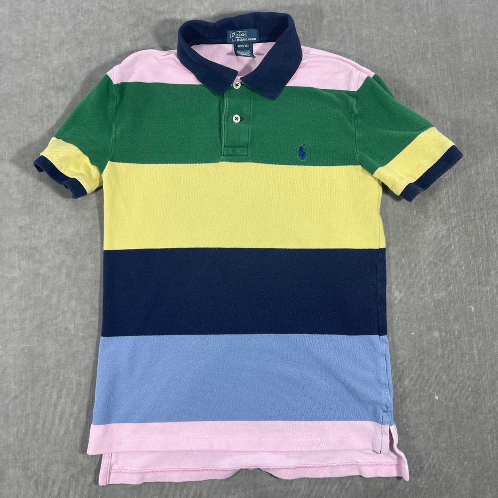 Vintage Polo Ralph‎ Lauren Kid M 10-12 Striped Blue Green Yellow Blue Polo Shirt